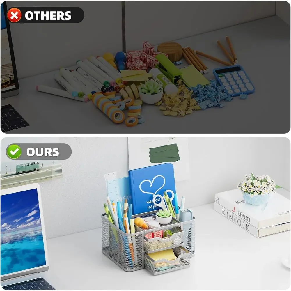 Desk Organizer Mesh 2 Drawers Pen Holder 5 Slots Office Storage Silver